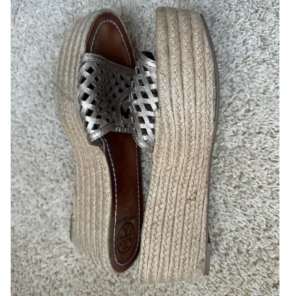 Tory Burch Metallic Gold Leather Espadrille‎ Wedge Sandals Size 8.5